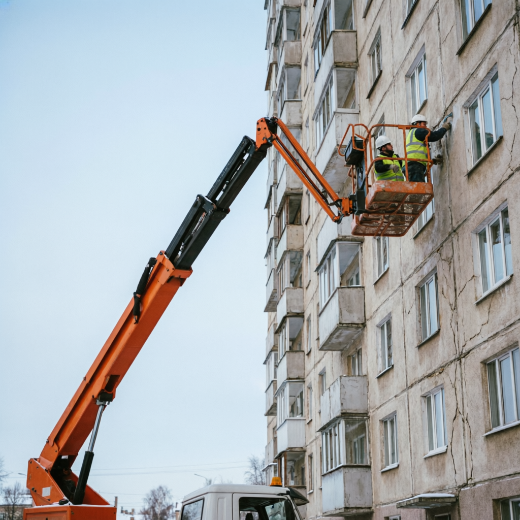 Высотные работы: ремонт фасада панельного дома с автовышки в Костроме